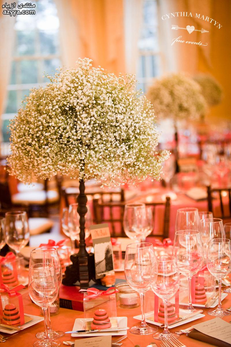 طاولات الزفاف مع باقات من الورود الاكسسوارات ناعمة بالوان الربيعشنط